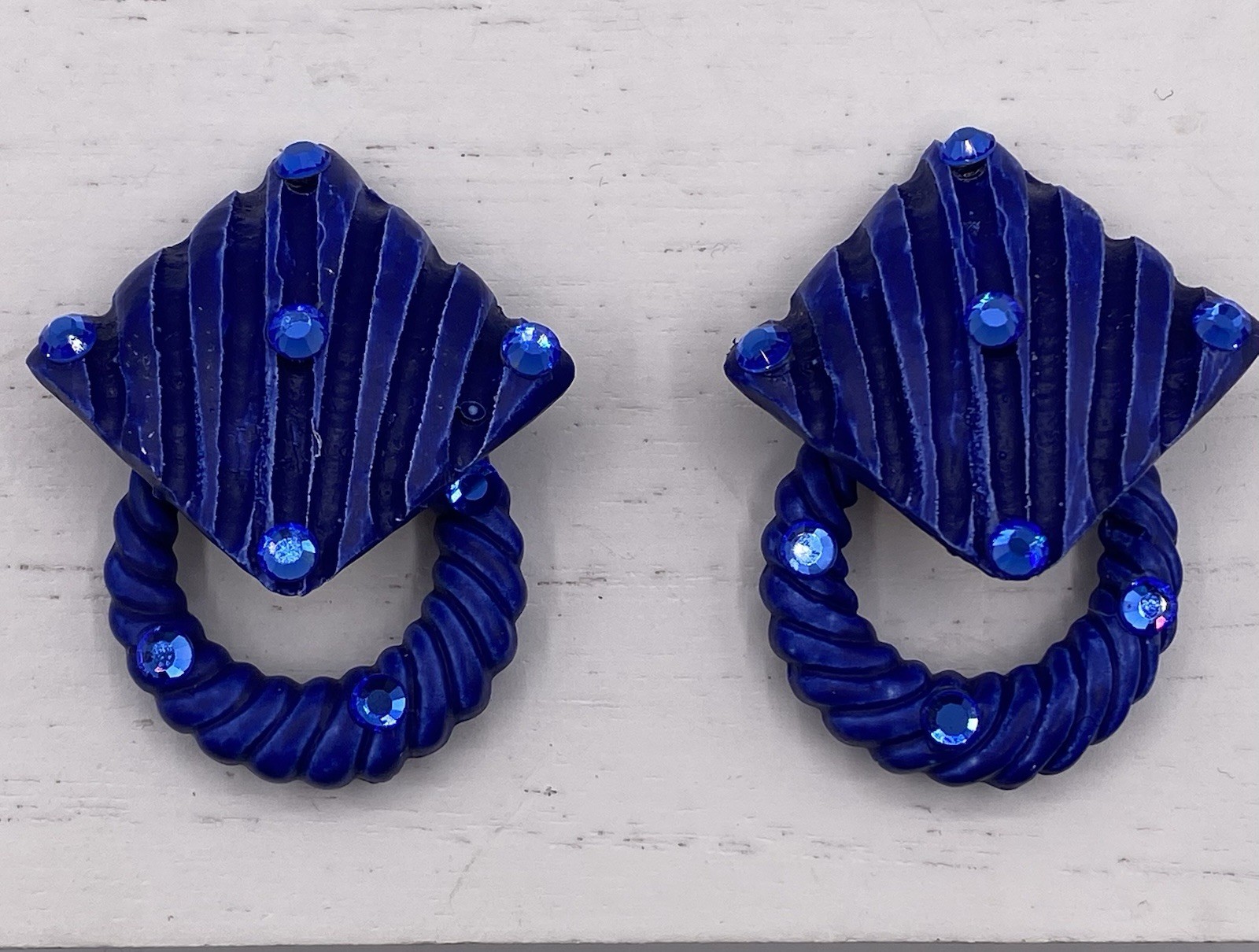 Jeff Lieb Signed Blue Rhinestones Clip On Earrings Squares W/ Detachable Circles