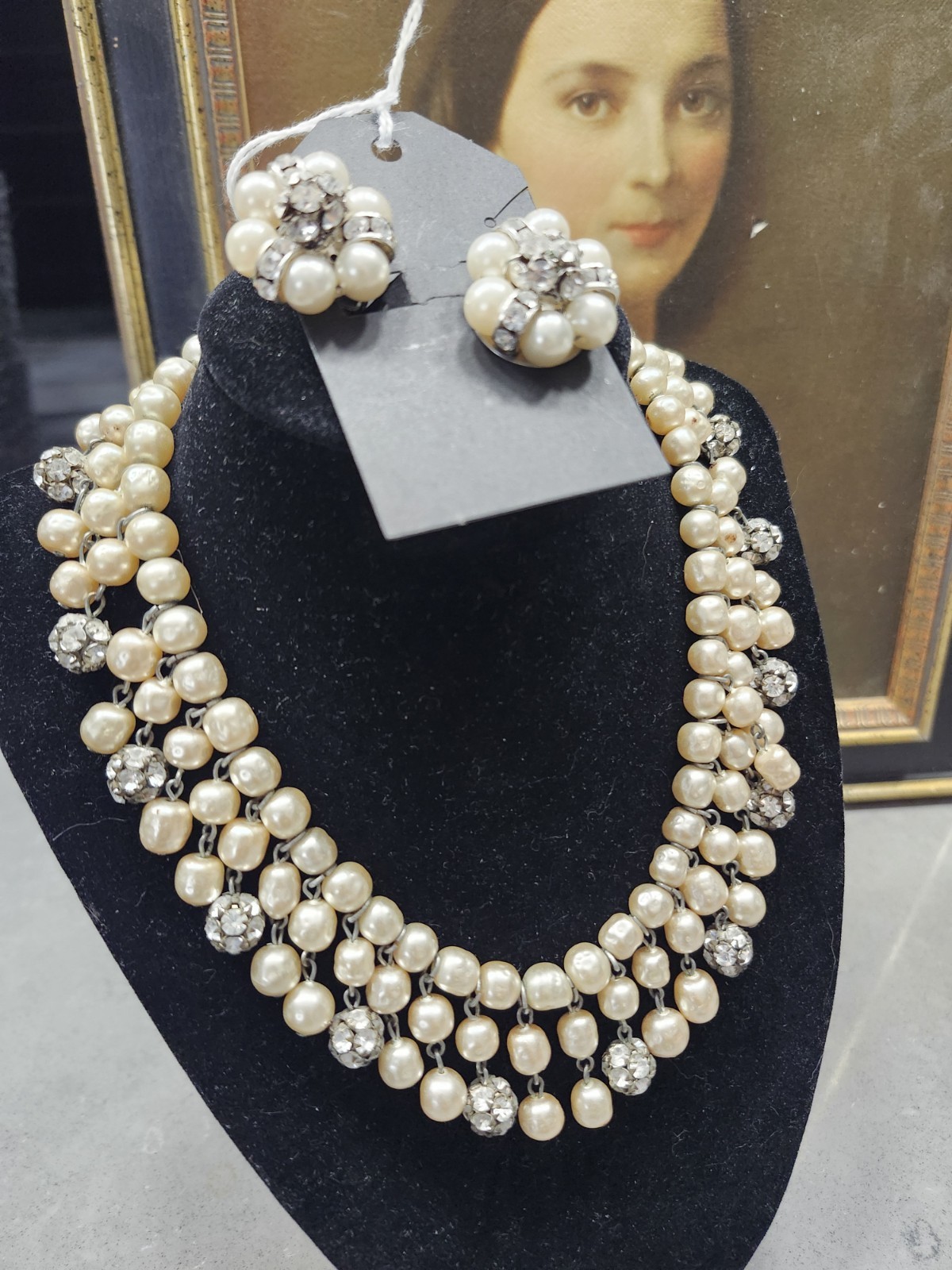 STUNNING 1950s Pearls & Rhinestone DROP Necklace & Clip Earring SET Estate WoW!