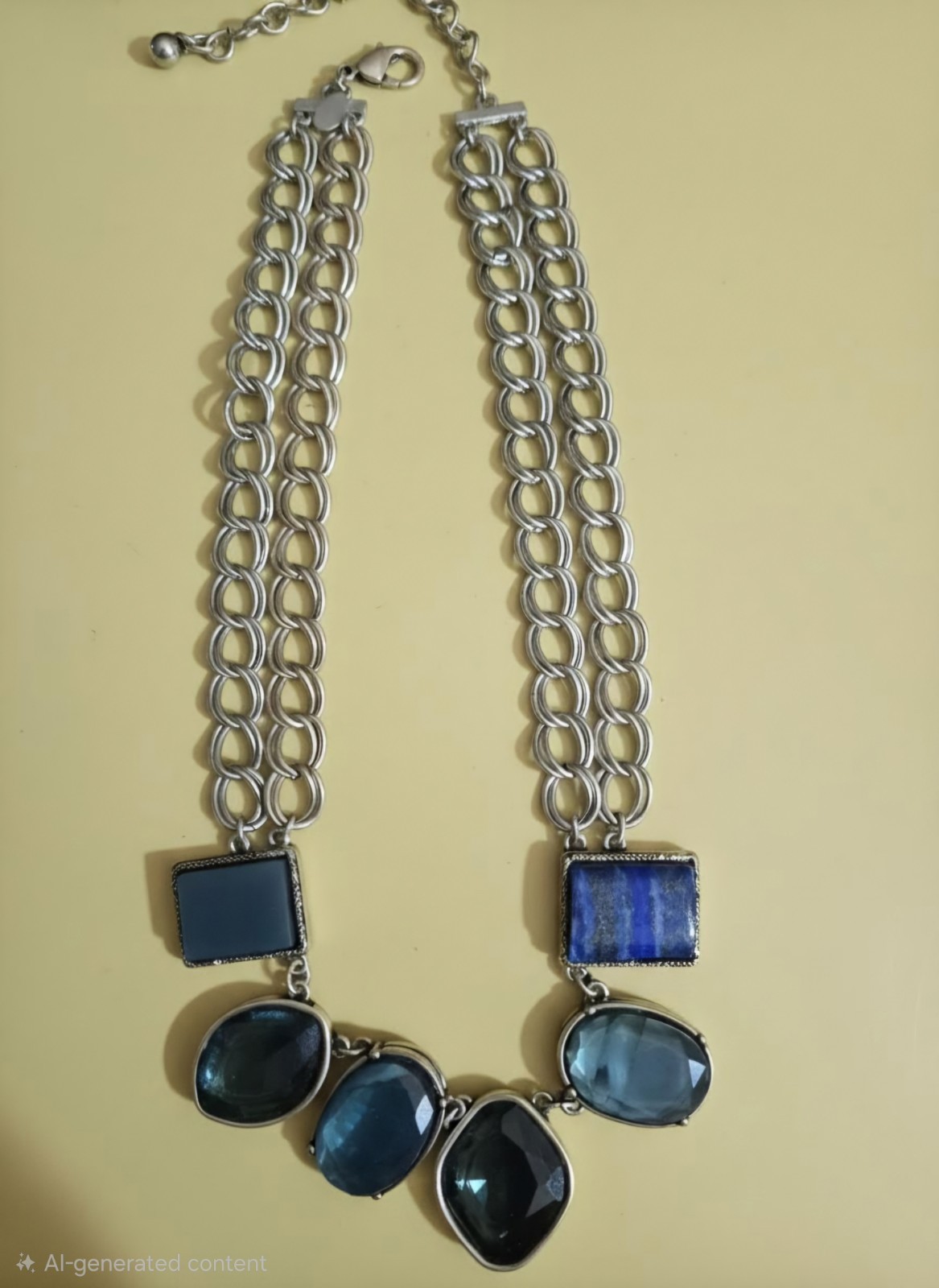 Chico’s Signed Blue Statement Necklace Chunky Silver Multi Strand Vintage 18″-21