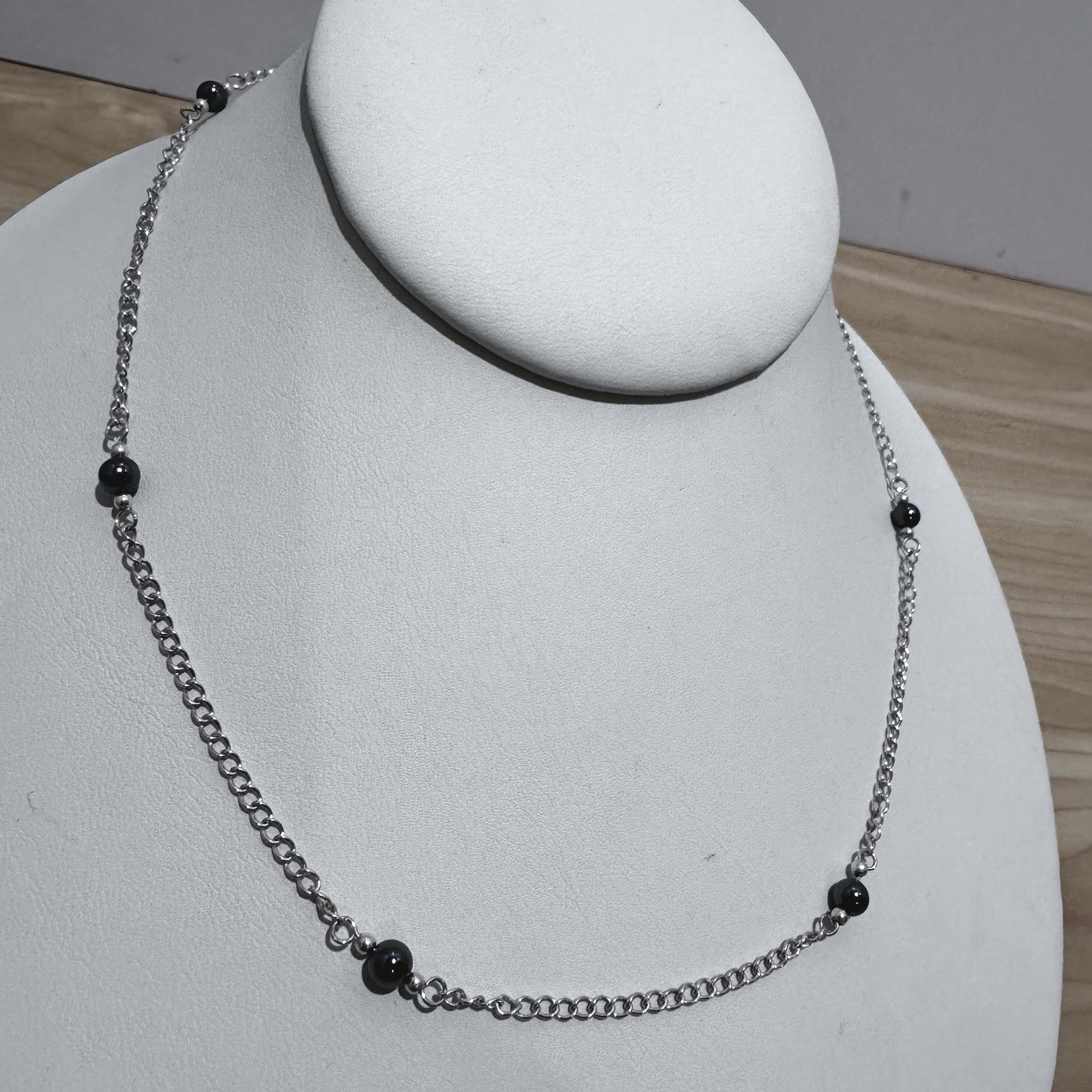 VINTAGE Sterling Silver & Hematite Bead Necklace 16” 925 Station Necklace 1990s