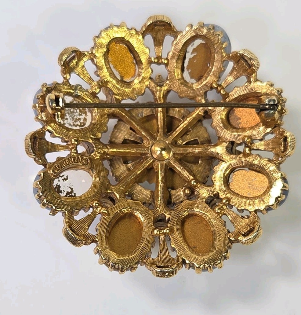Vintage Signed Florenza Opaline Glass Ornate Gold Tone Pin Brooch