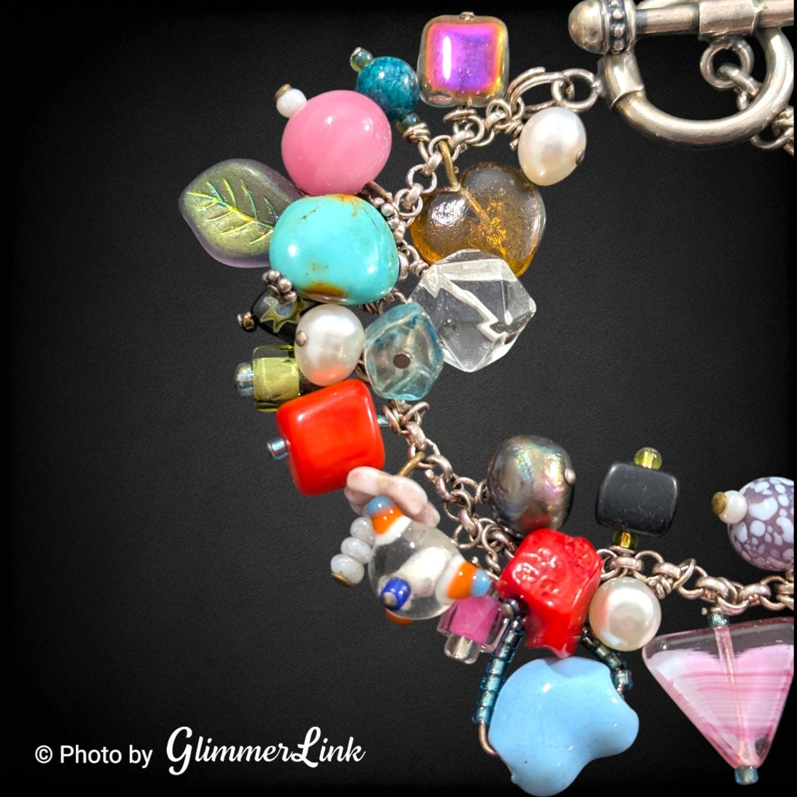 Vintage Artisan Cluster Bead Charm Bracelet Lampwork Glass Pearl Toggle