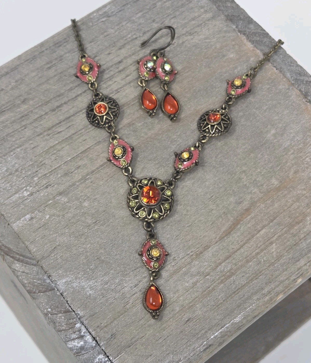 Orange Pink Yellow Y-Drop Necklace & Earring Set Rhinestones Enamel Bronze Tone