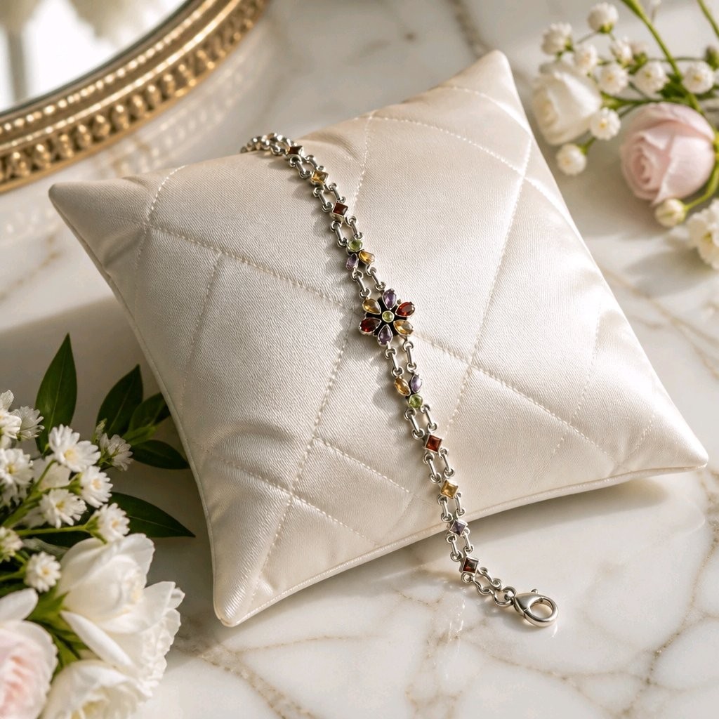 Sterling Silver Bracelet Flower Multi Gemstone Amethyst Peridot Citrine Garnet