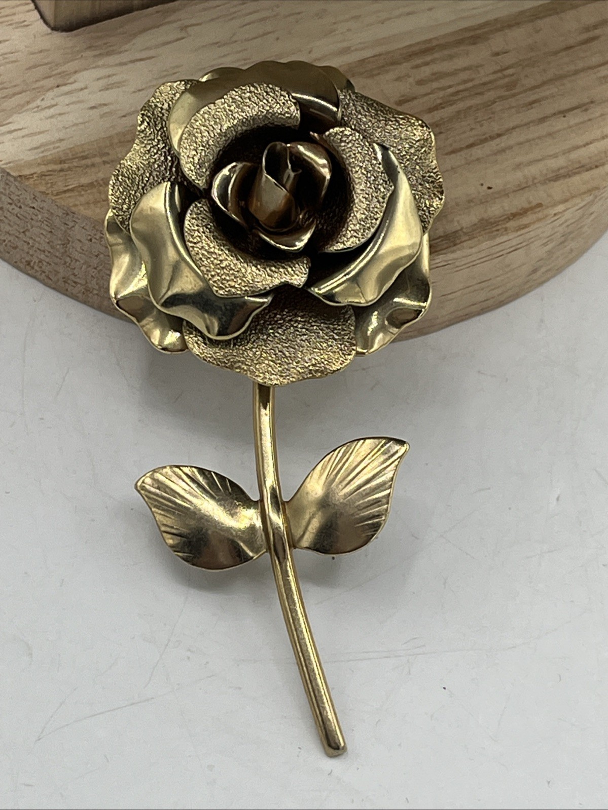 Vintage Bronze Color Tone Rose Bud Flower Stem Brooch Pin 3″ Vtg Textured
