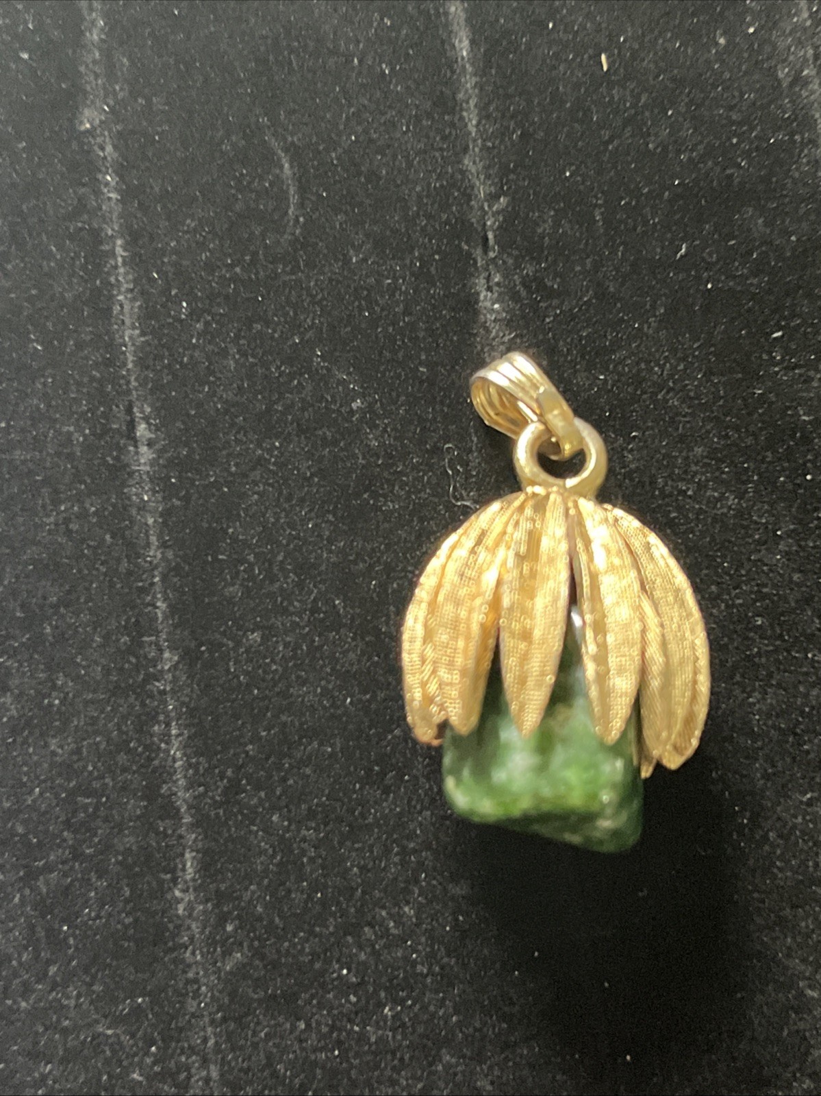 1950s Faux Green Jade Stone & Gold Toned Pendant