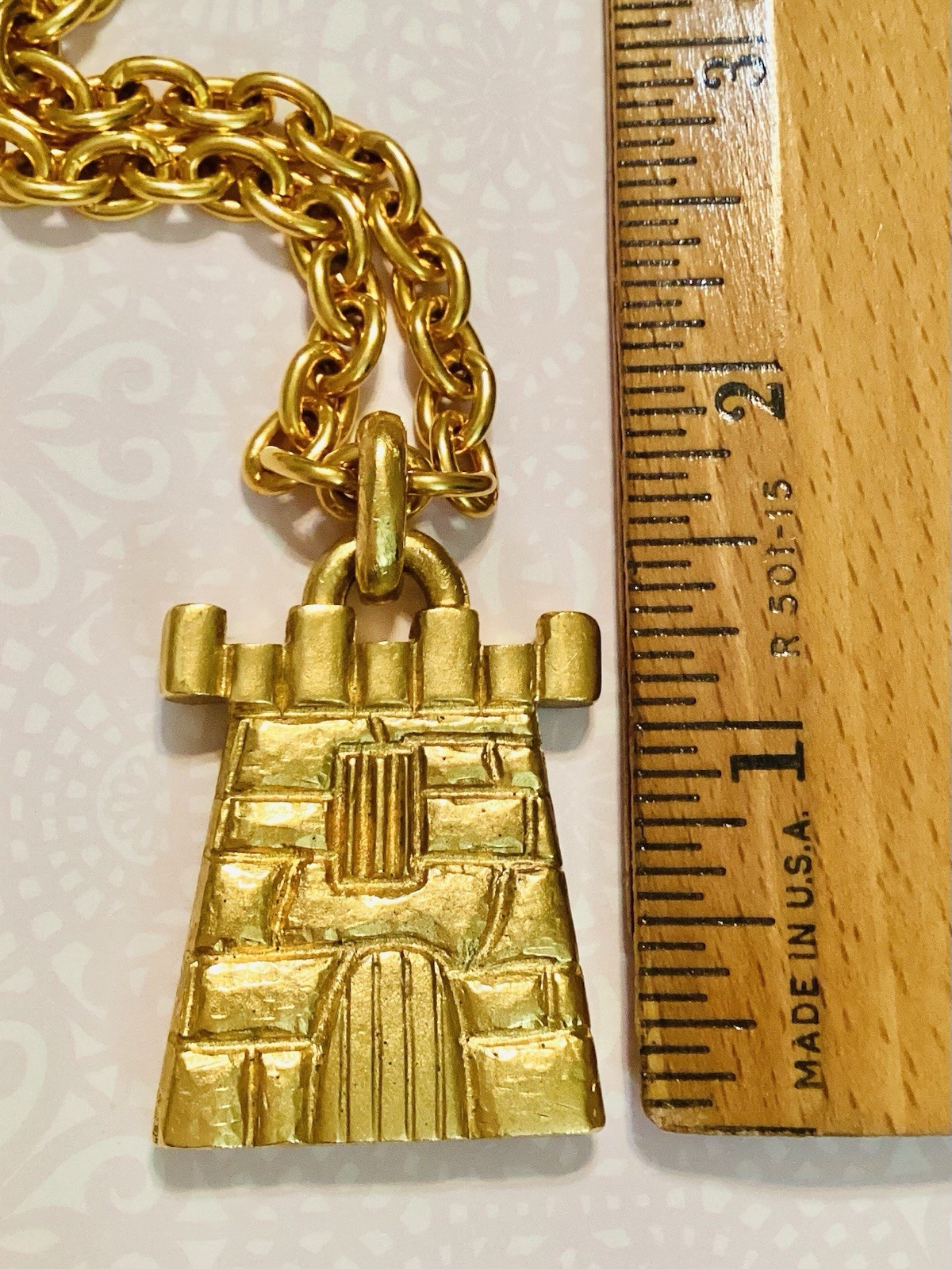 FT Paris High End Vtg Chunky Matte Gold Tone RARE Castle Pendant Necklace 32” 💛