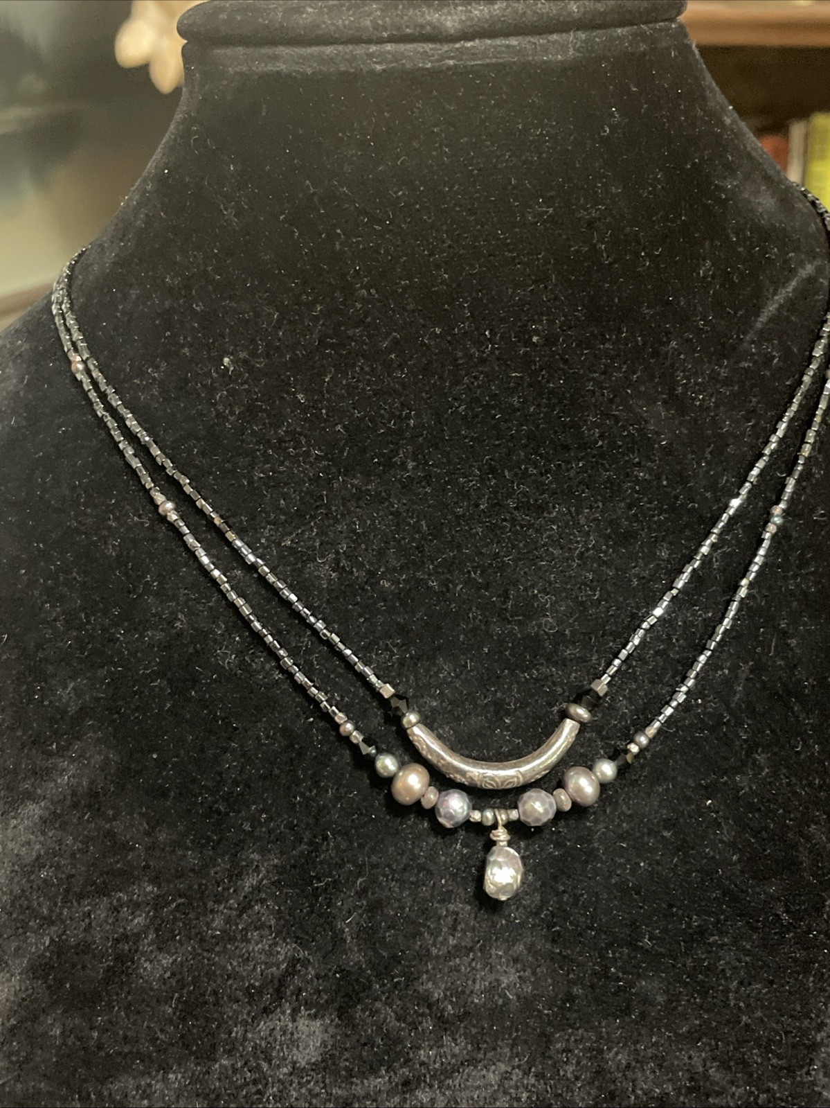 Vintage Boho Sterling Silver Beaded Baroque Pearl Necklace 18”
