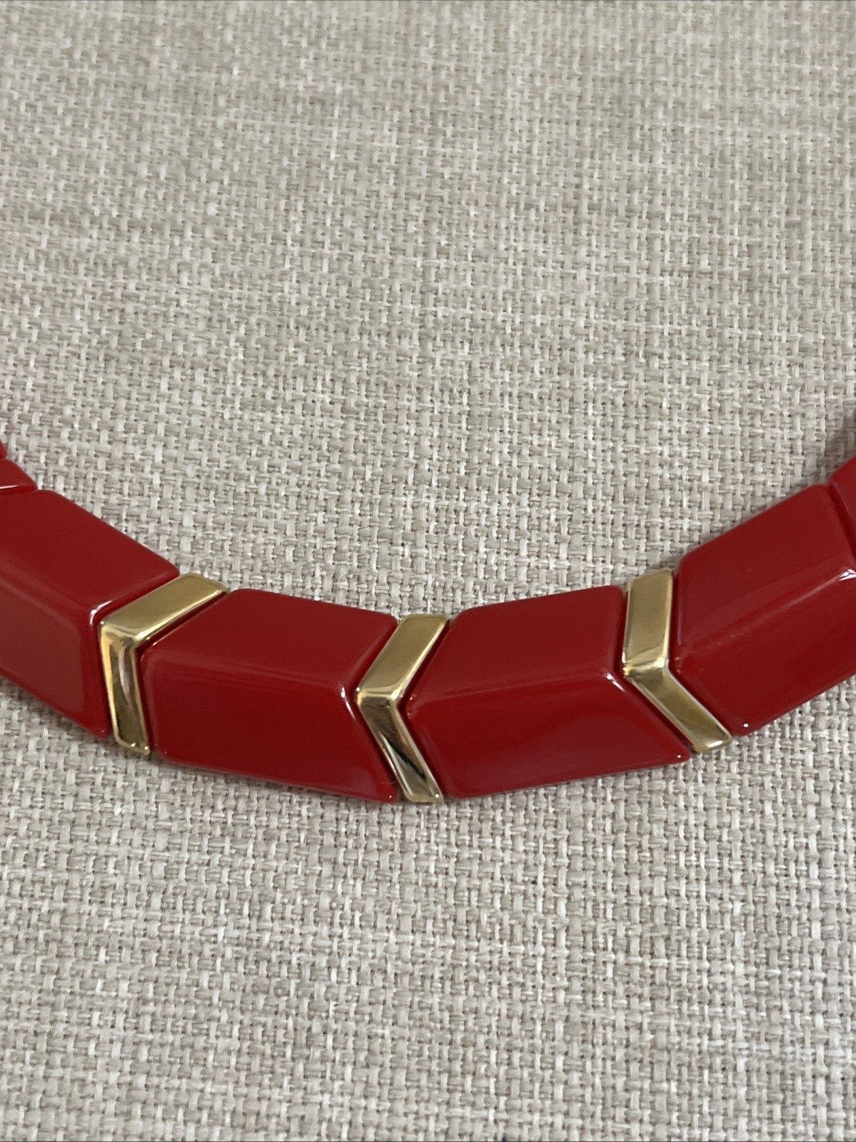Vintage Red Acrylic Lucite Plastic Choker Collar Red Chevron Gold Necklace Fold