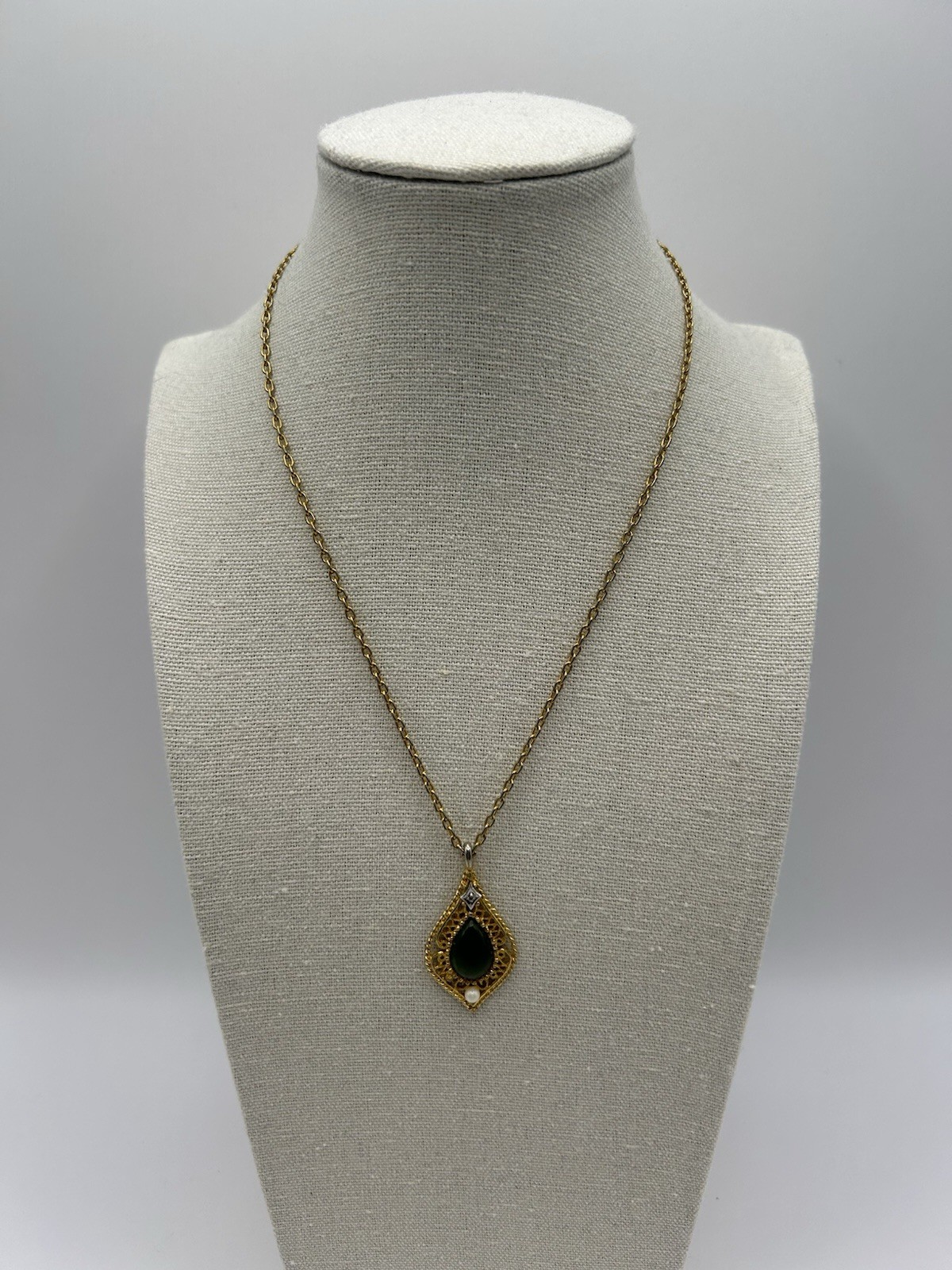 Vintage Green Jade Diamond Cultured Pearl Filigree Gold-tone Pendant Necklace