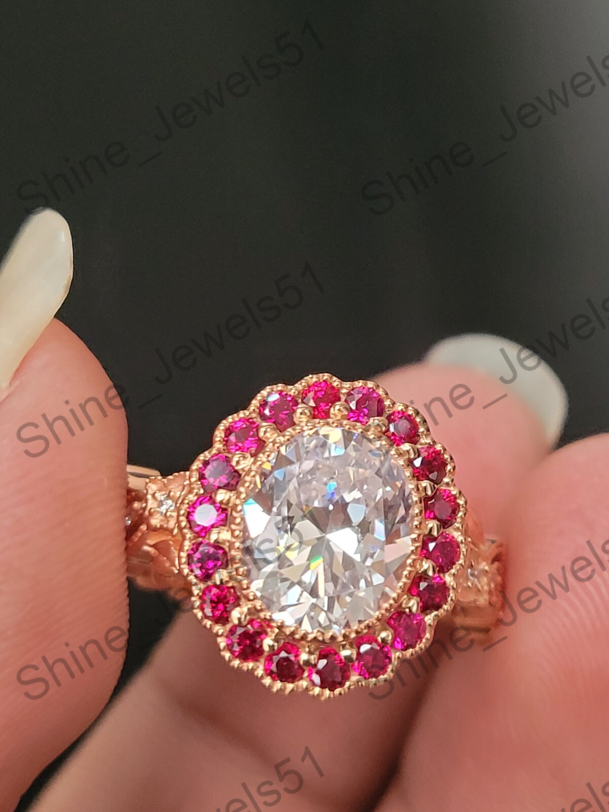 Art Deco Oval Cut Lab Created Diamond & Ruby Halo Wedding Bridal 925 Silver Ring