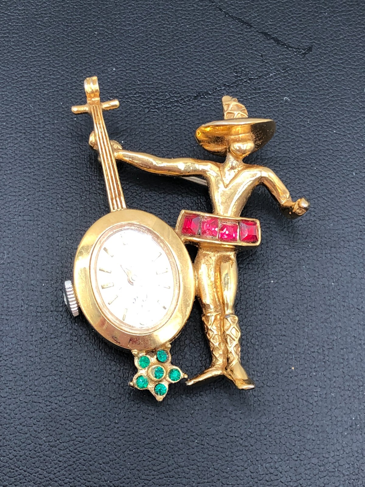 RARE Vtg Coro Mariachi Musician Mechanical Watch Brooch Pin Mid-Century Estate