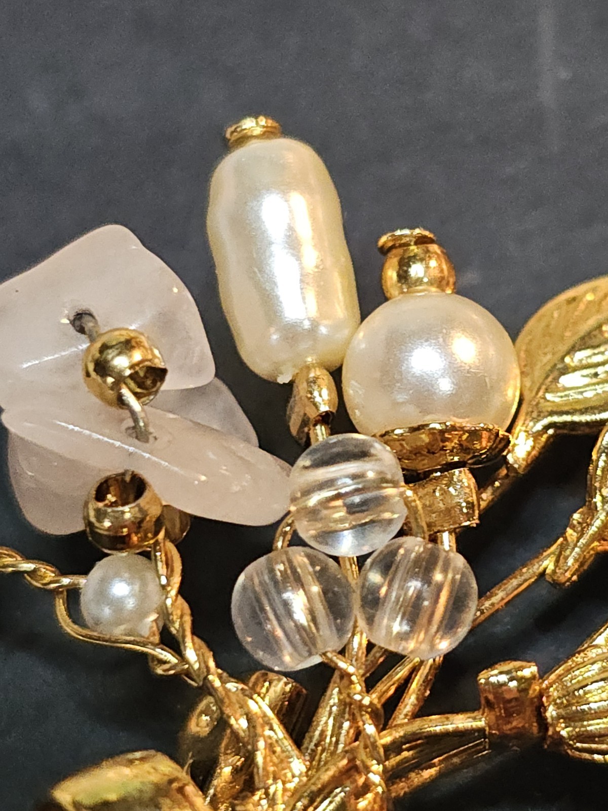 Vintage Floral Spray Brooch Gold tone Faux Pearls Pink Stone Chips Delicate Pin