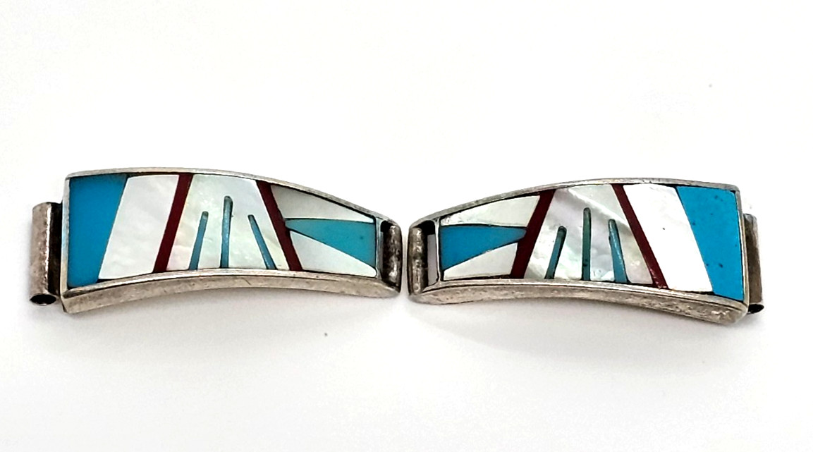 Sterling VTG Native Turquoise MOP & Coral Inlay Watch Tips 10 MM Bar Signed