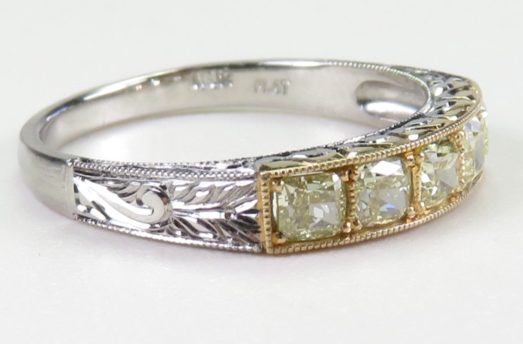 Antique Fancy Light Yellow Plat 18KY Cushion Diamond Wedding Band Size 6 EGL USA