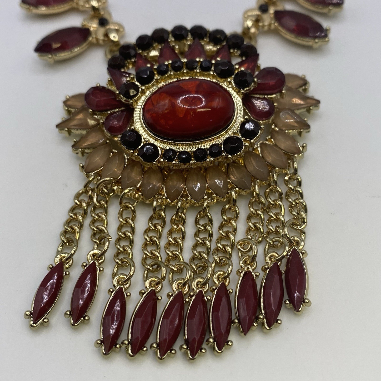 NY Signed Rhinestone Cabochon Tassel Statement Necklace Adjustable Jewelry