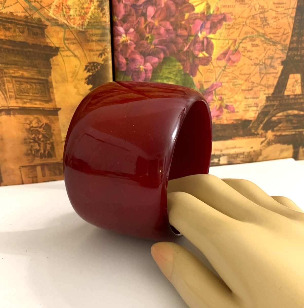 Marion Godard Paris Lucite Bangle Bracelet Burgundy Polished Finish Chunky Wide