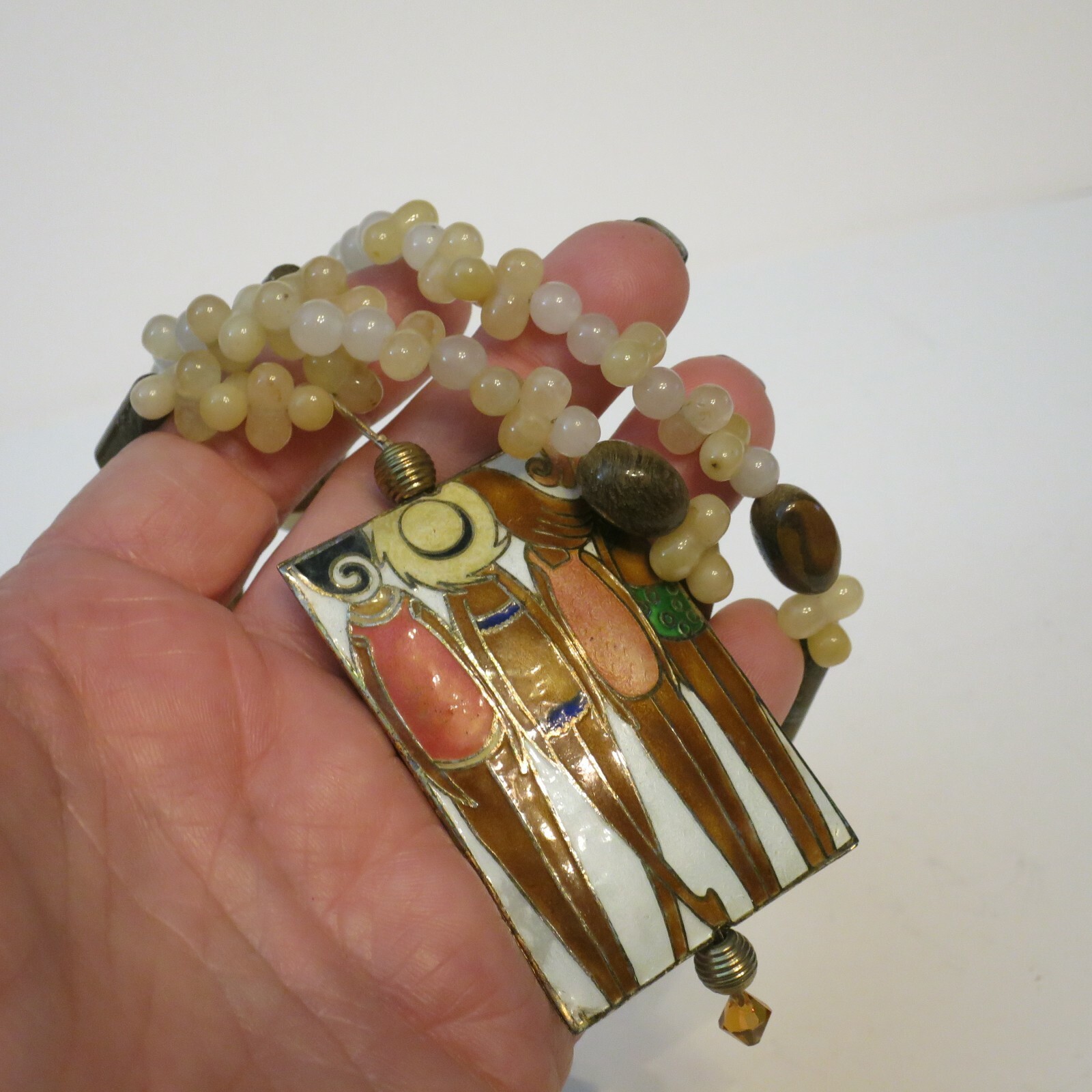 Art Deco Girls at Beach Cloisonne Stone Bead 24” Long Necklace Swimsuit Gold