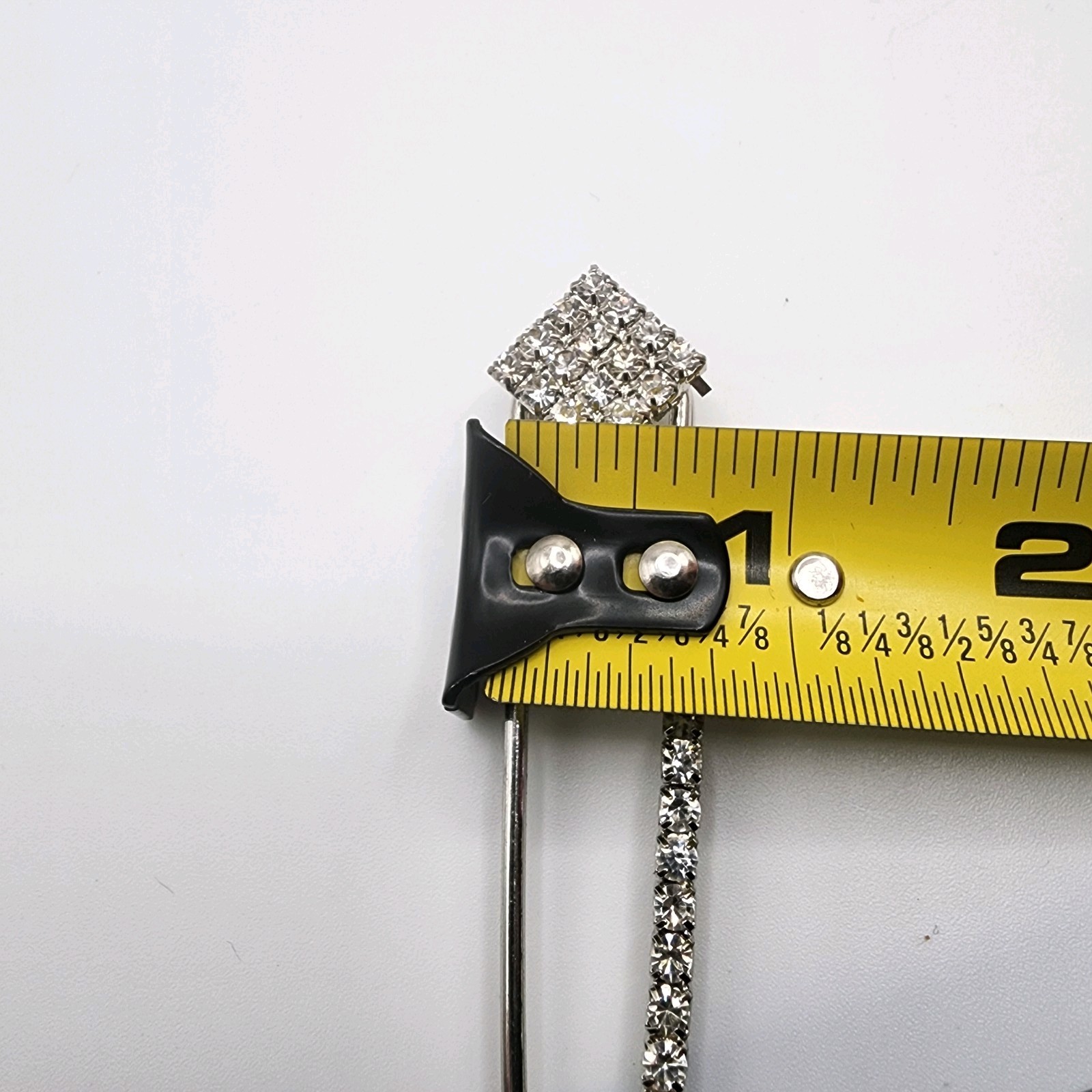 Square Diamond Shape Rhinestone Silver Tone Safety Pin Style Pin Brooch 3″ Long