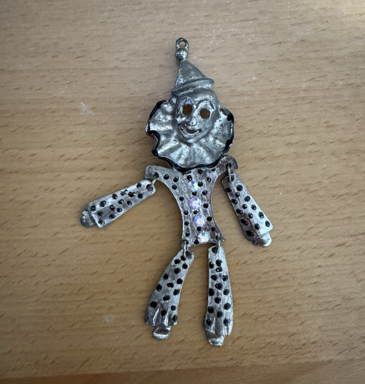 Vintage Clown Figure Charm Pendant, Silver Tone, Black Polka Dots