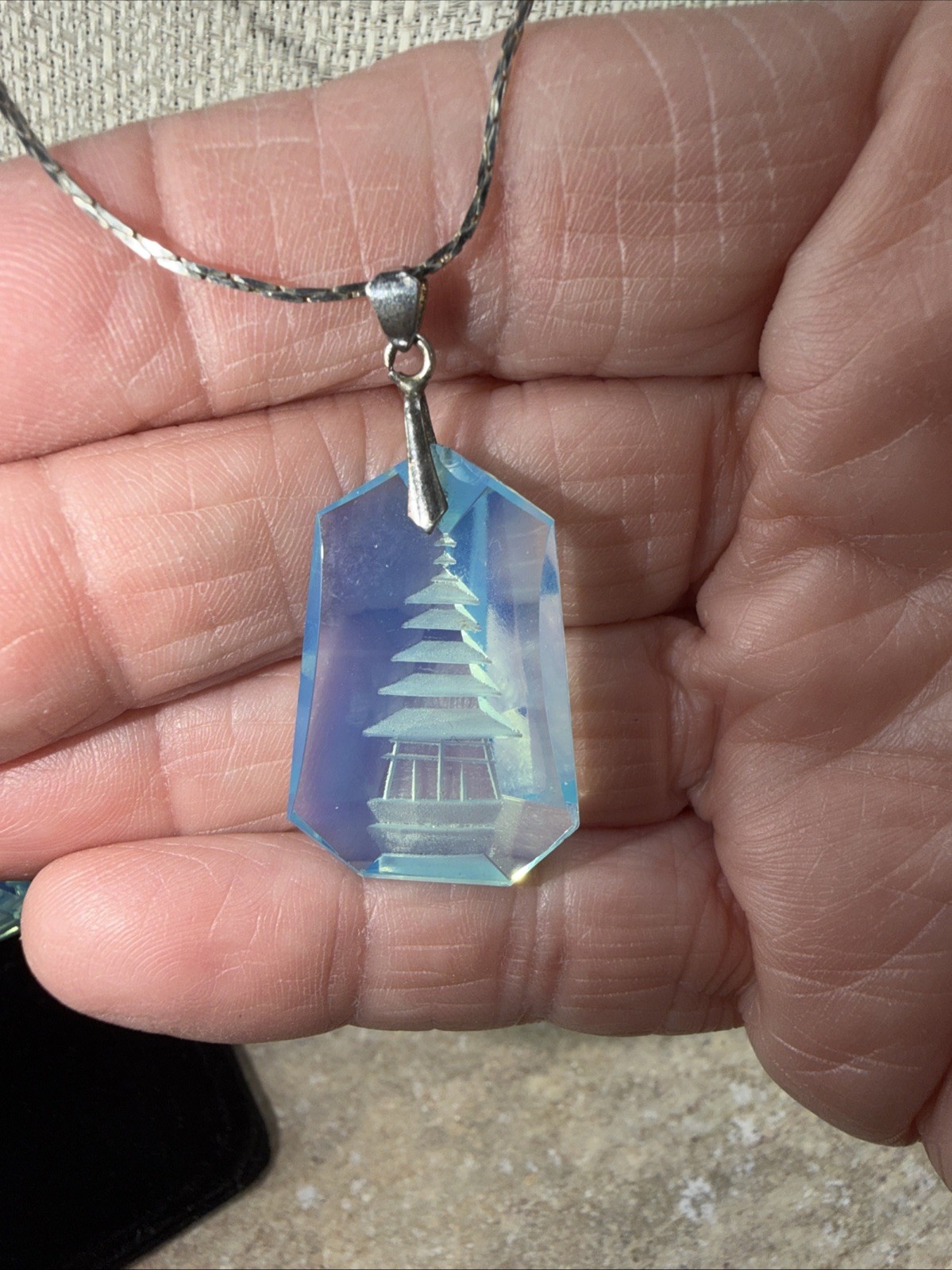 Opaline Blue Glass Japanese Pagoda Necklace & Earrings Set reverse carved
