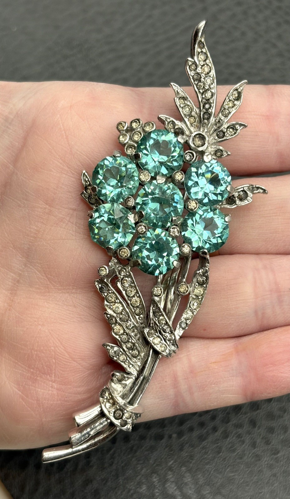 REJA Sterling Pave Rhinestone Unfoiled Faux Aquamarine Chatons Spray Flower Pin