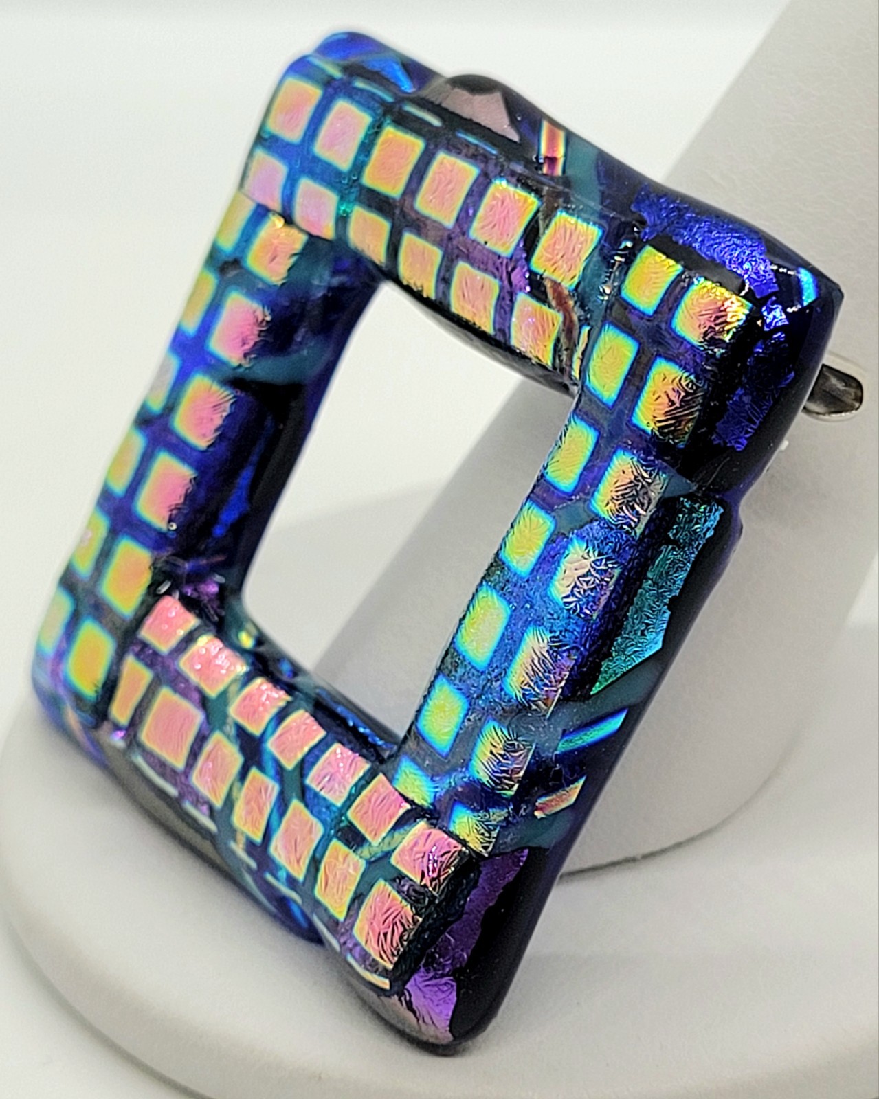 Dichroic Glass Brooch Fused Lampwork Abstract Cobalt Blue Iridescent Open Square