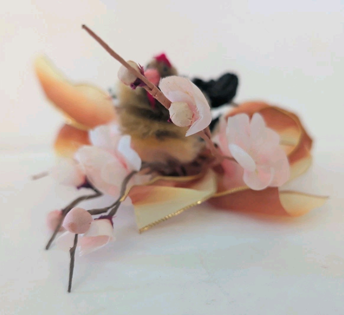 Vtg Easter Corsage Brooch Pin Chicken Hen & Chick Cherry Blossom Chenille Kitsch