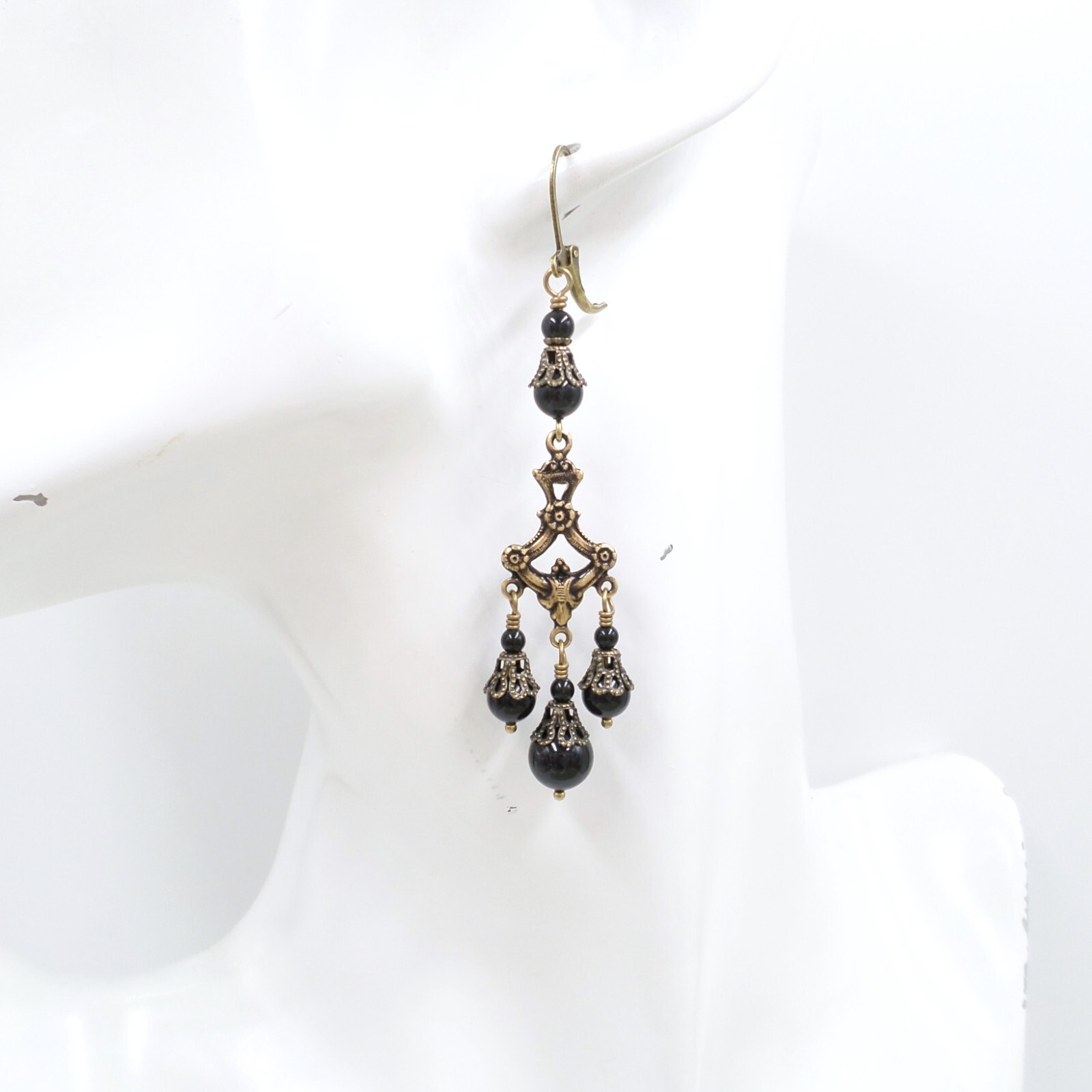 Victorian Mourning Earrings Jet Black Glass Bead Chandelier Filigree Handmade