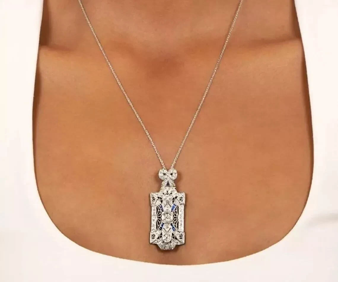 Art Deco Style Lab Created Diamond & Sapphire Wedding Pendant 14k White Gold FN