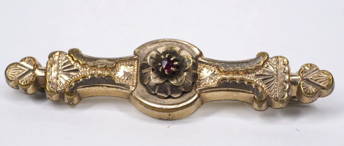 Antique brooch pin hollow rolled gold tube hinge C-clasp jewelry red stone