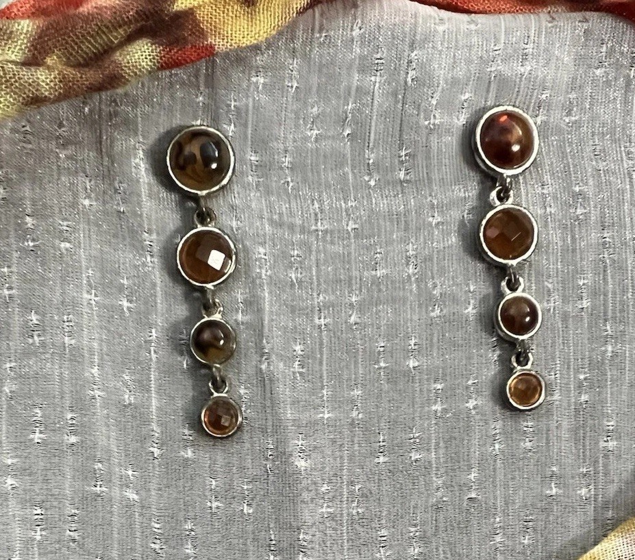 Vintage Silver Tone Dangle Drop Earrings l Round Brown Stones l 2in l 4 Gems