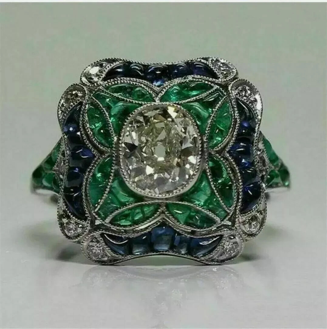 Art Deco Style Lab Created Diamond Emerald Engagement Ring 14k White Gold FN