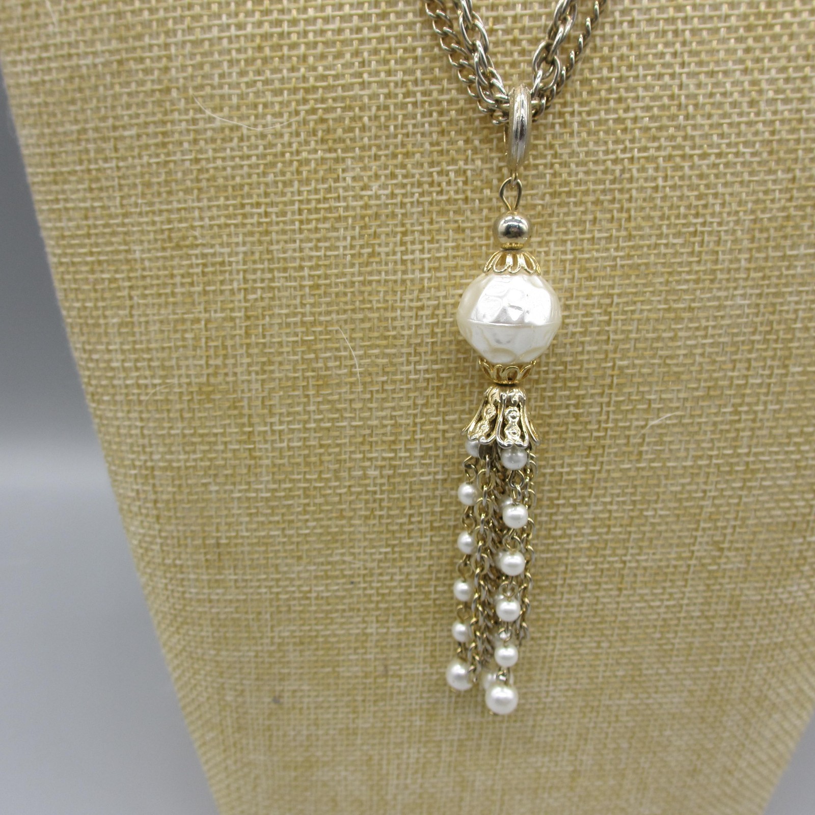 Vintage Tassel Necklace MCM Simulated Pearl Gold Tone 22 Inch