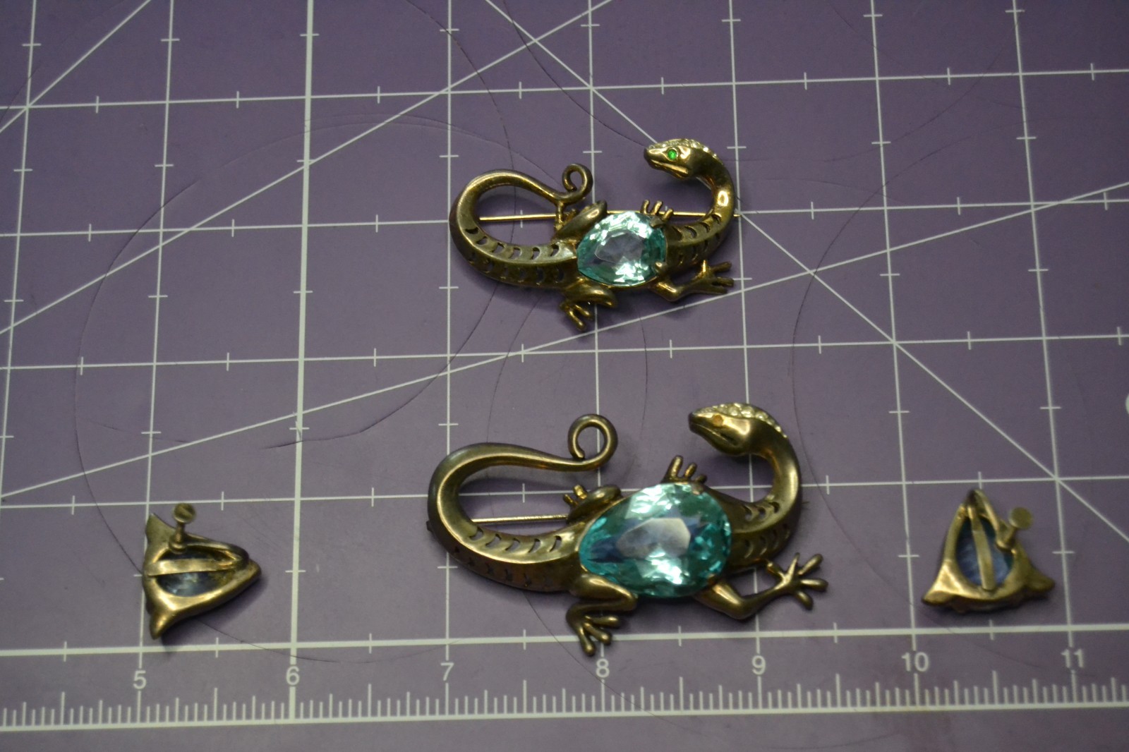 REJA Sterling SALAMANDER LIZARD Brooch Earrings AQUA GLASS BELLY Vtg Set Signed