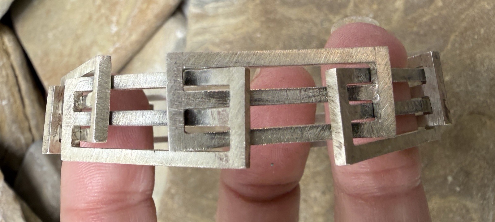 Mid Century Modernist Artisan Sterling Silver Rectangle Sculptural Bracelet 6″
