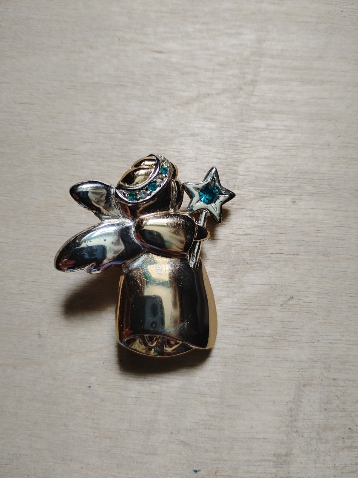 VTG Angel Brooch Two Tone Gold/Silver Green Crystal Star Wand Halo Wings 1.75″