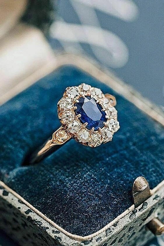 Art Deco Style Lab Created Sapphire & Diamond Engagement 14K Yellow Gold FN Ring
