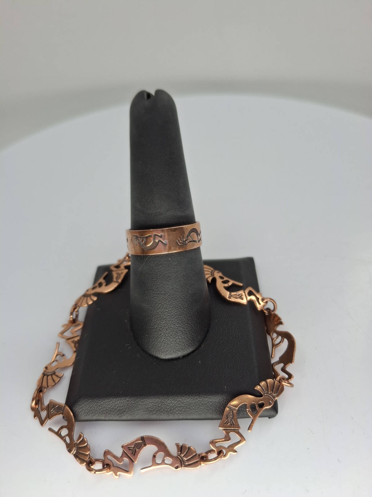 Vintage N.A. Kachina Dancer (Kokopelli) Solid Copper Link Bracelet & Ring Set