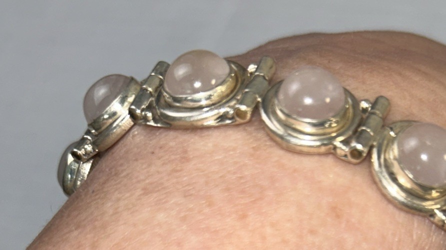 Vintage 925 Silver Rose Quartz Bracelet Cabochon Stone Hook Closure 7”