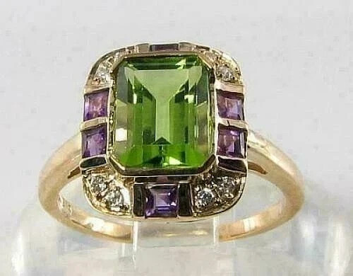 Art Deco 3.5Ct Emerald Cut Peridot Amethyst Lab Created Diamond 14K Gold FN Ring