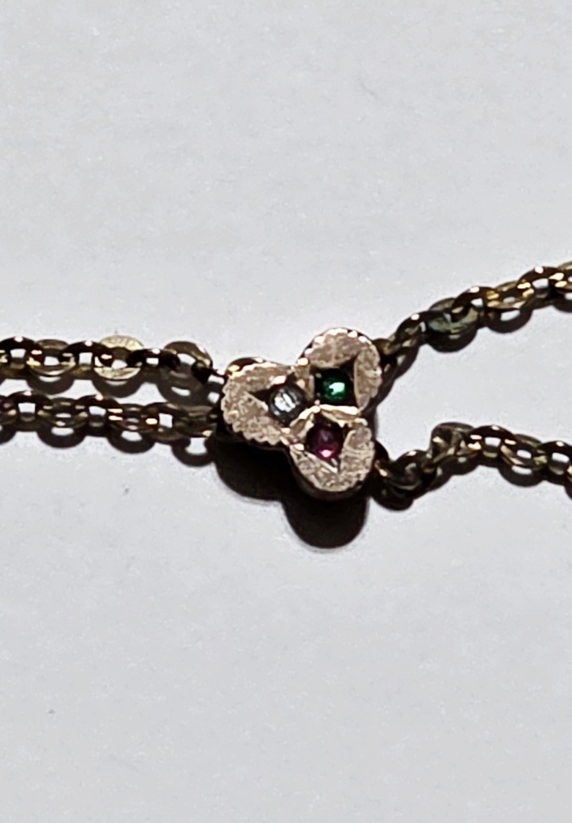 23″ Long Antique Gold Filled Colorful Rhinestone Clover Slide Pocket Watch Chain