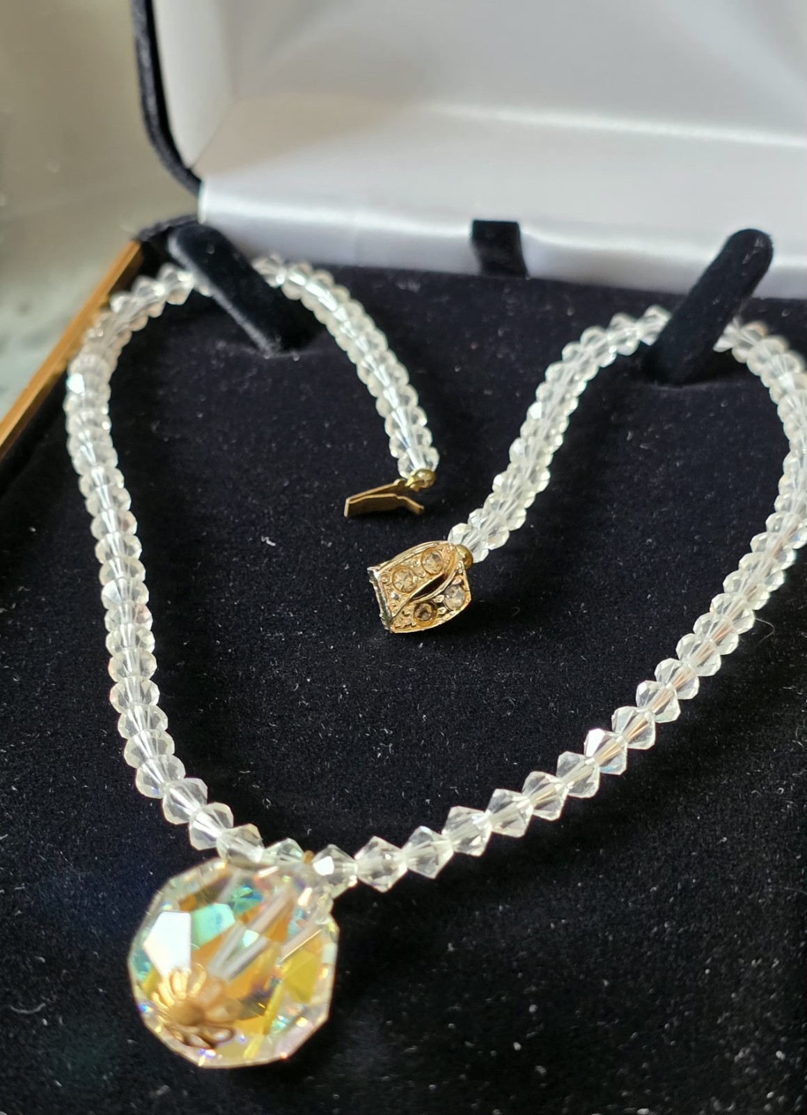 CZECH AURORA BOREALIS CRYSTAL BALL w CRYSTAL CHAIN PENDANT NECKLACE☆FILIGREE CAP