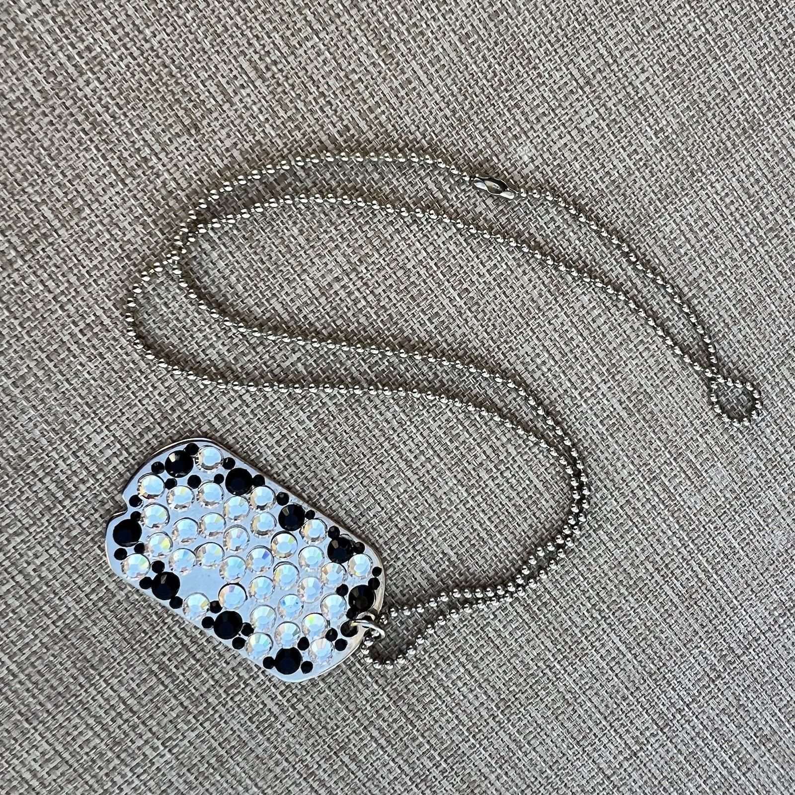 Vintage Handmade Rhinestone Crystal Embellished Dog Tag Necklace 23” Chain Black