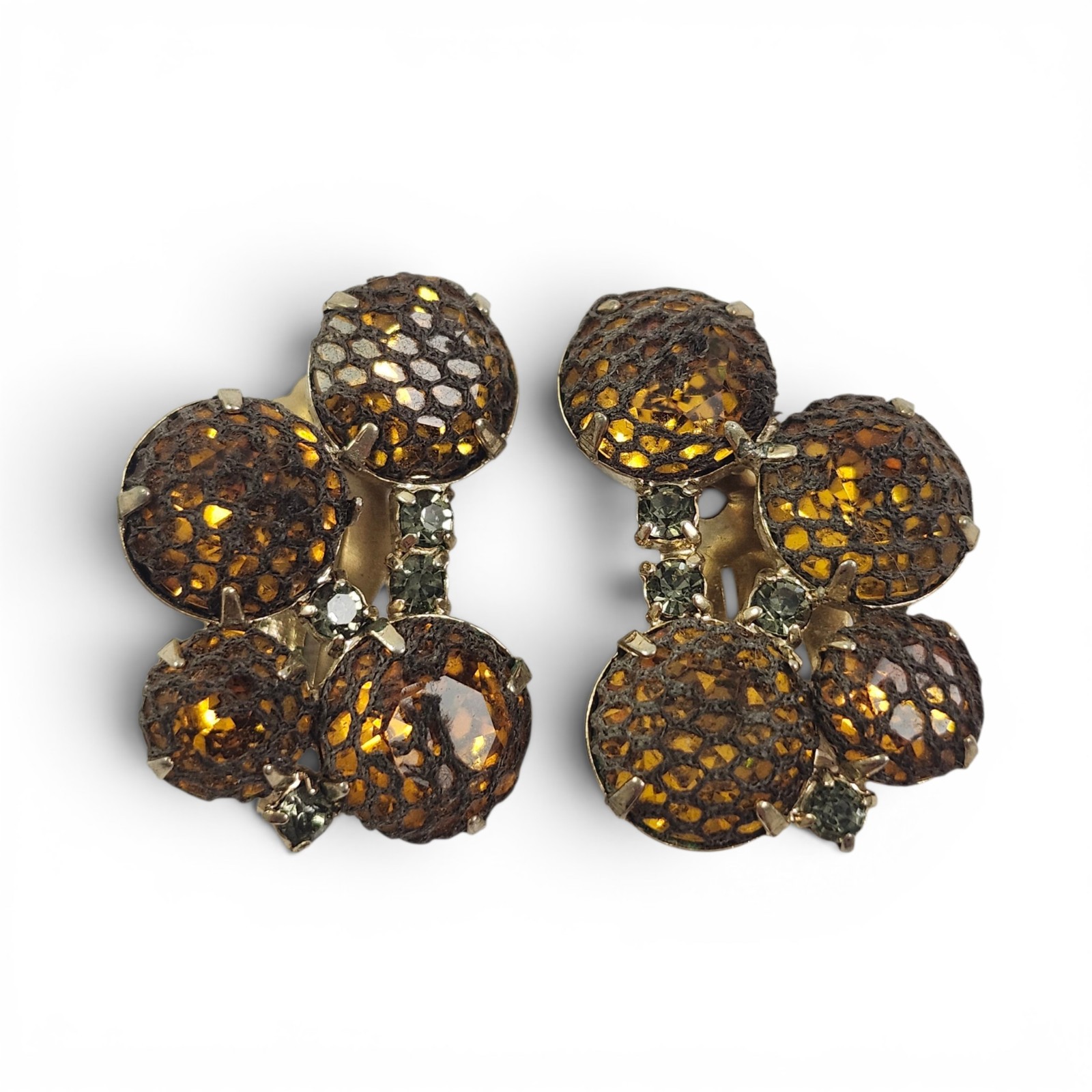 Vintage Pair of Clip Earrings Signed Kramer Net Rhinestone Amber Gold Tone
