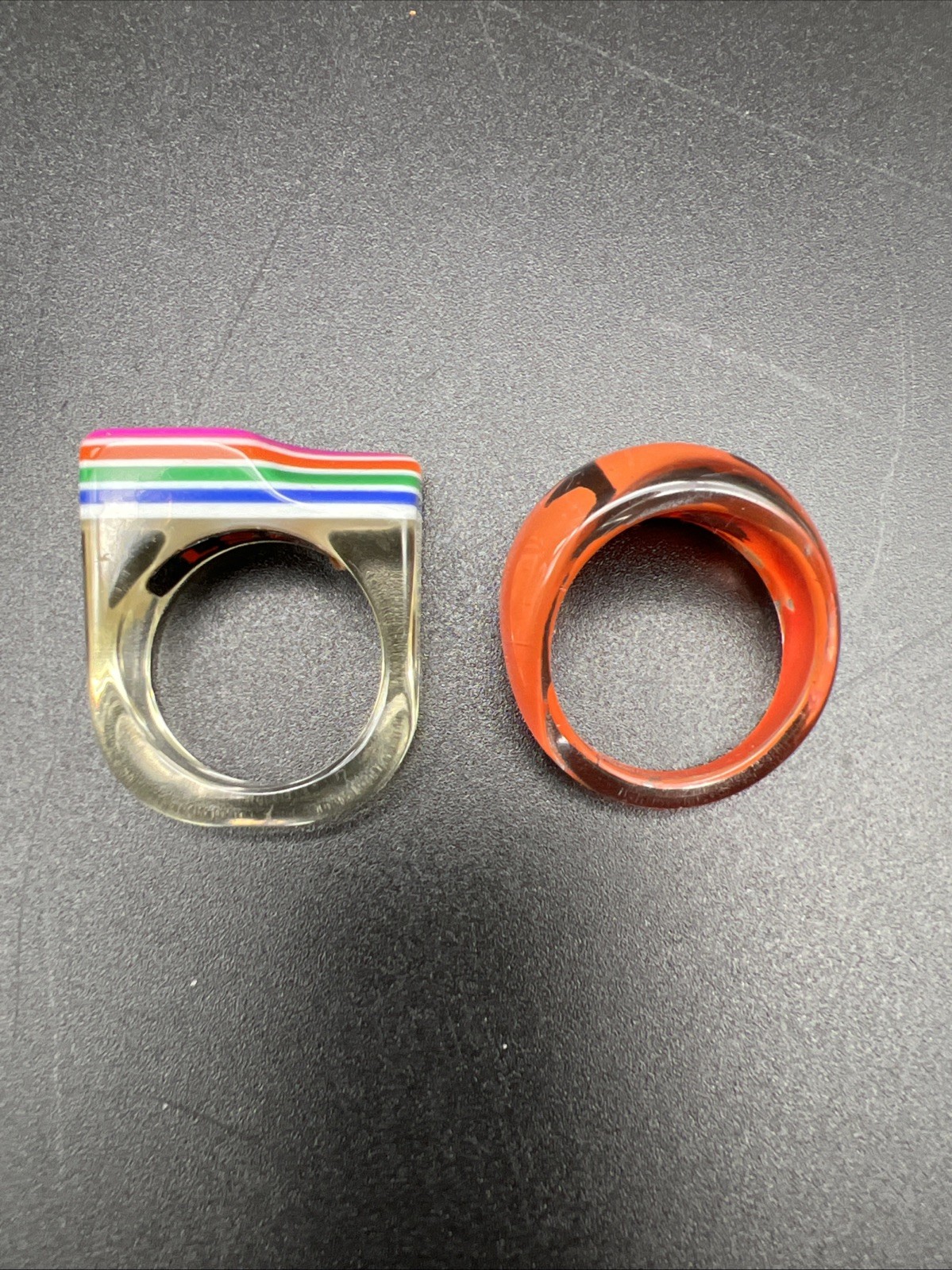 Acrylic/Resin Rings/Multi Stripe (8) and Orange w/Floral Design (9) /70s Style