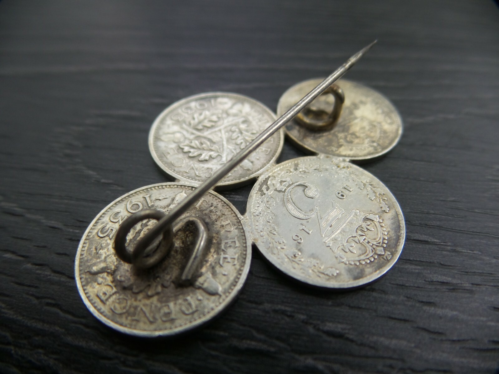 Vintage 500 Silver Great Britain 3 Pence 1916, 1933, 1935 Brooch Pin