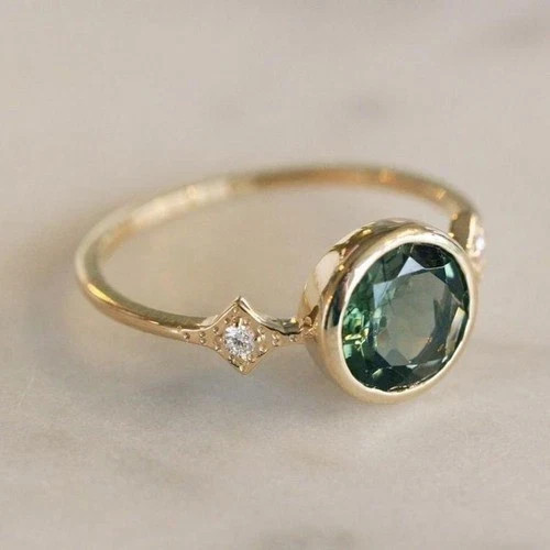 Art Deco Style Round Emerald &Lab Created Diamond14k Yellow Gold FN Wedding Ring