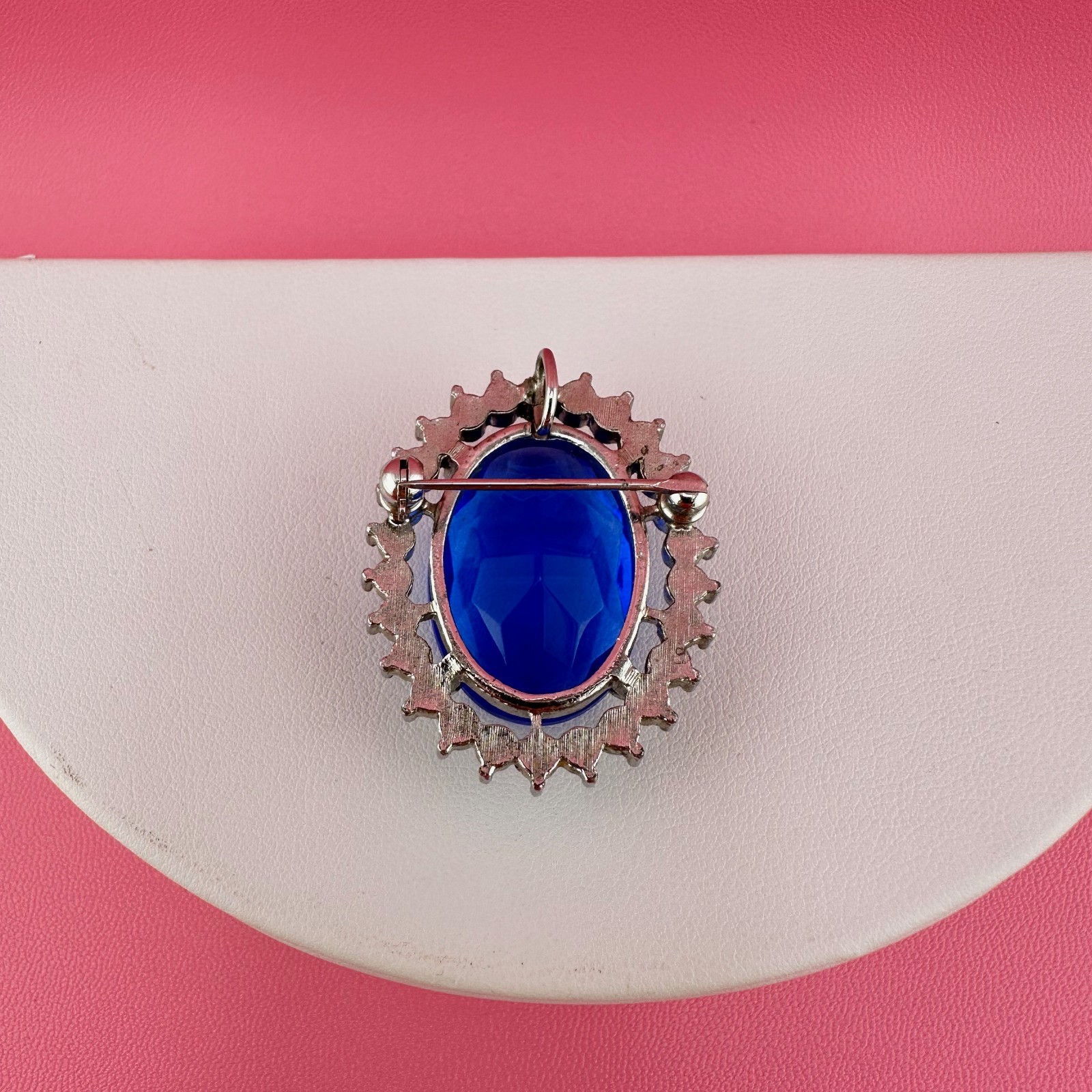 Vintage Crystal Brooch Pendant LG Blue Oval Faceted Stone Open Back Prong Set