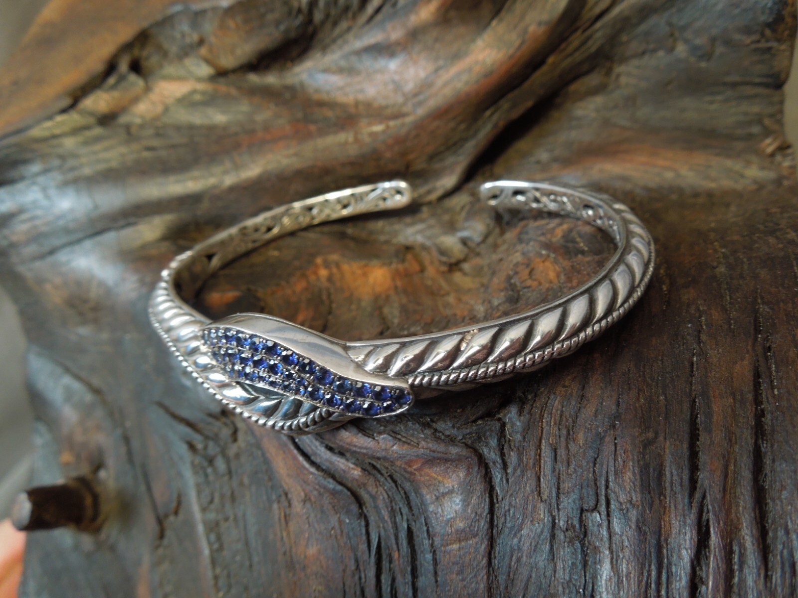 Vintage Robert Manse M ID 925 Sterling Silver Sapphire Hinged Cuff Bracelet